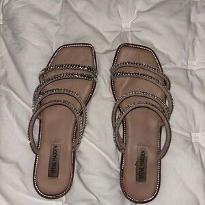 Steve Madden Bedazzled and Tan Slip On Sandals